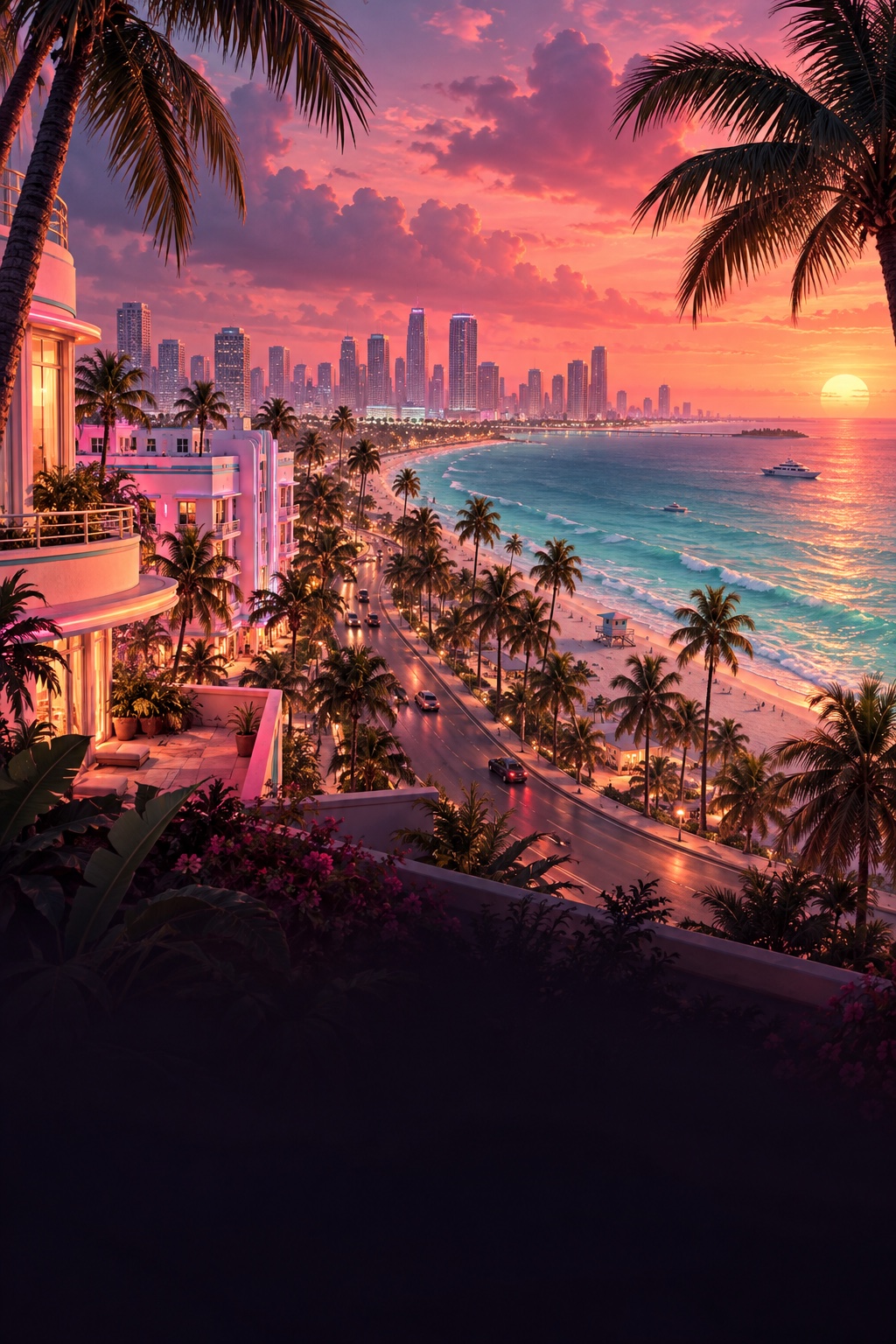Illustration originale de Discovery : une côte bordée de palmiers au coucher du soleil